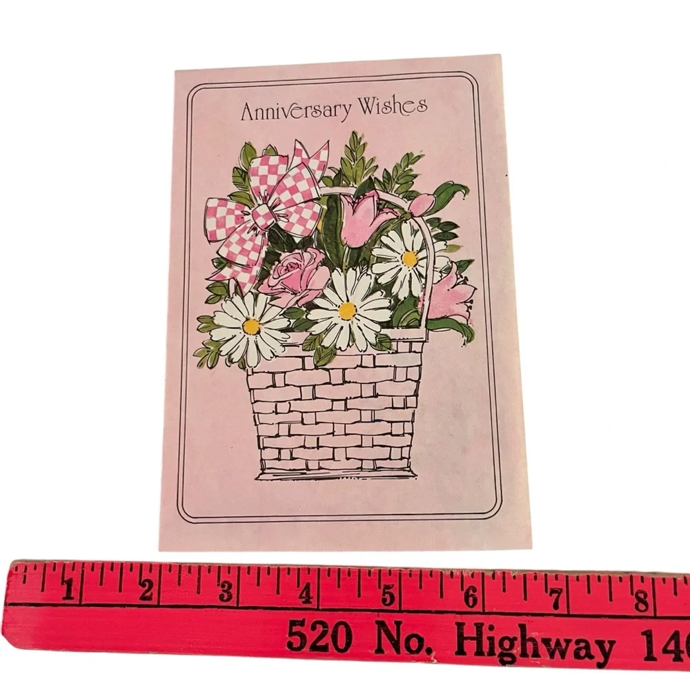 Unused Vintage Greeting Card Anniversary Wishes Pink Floral Basket Ephemera